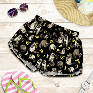 Raccoon And Banana Pattern Print Women's Shorts