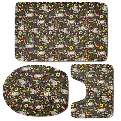 Raccoon And Floral Pattern Print 3 Piece Bath Mat Set