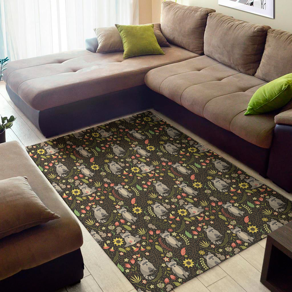 Raccoon And Floral Pattern Print Area Rug
