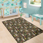 Raccoon And Floral Pattern Print Area Rug