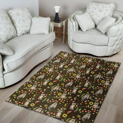 Raccoon And Floral Pattern Print Area Rug