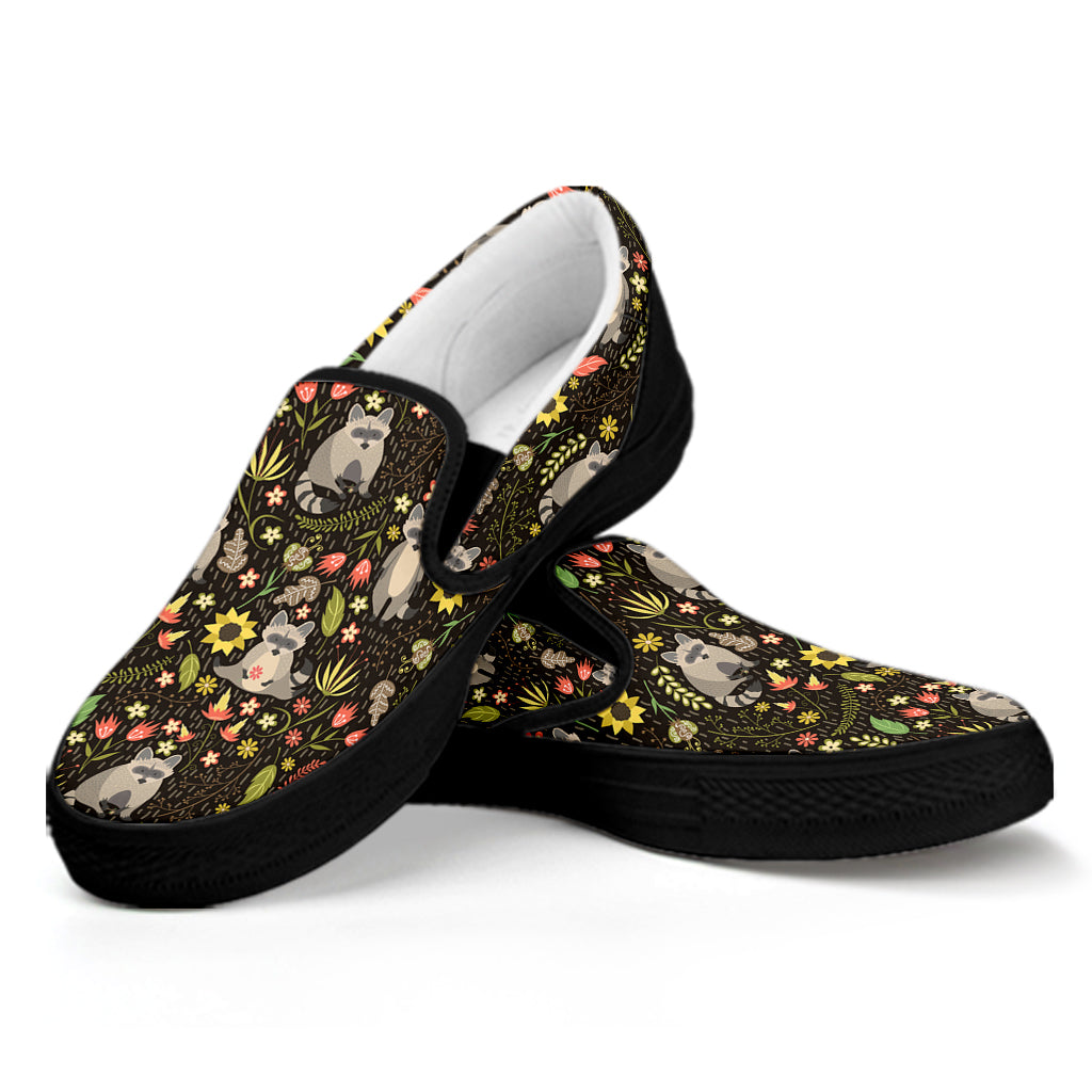 Raccoon And Floral Pattern Print Black Slip On Shoes