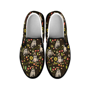 Raccoon And Floral Pattern Print Black Slip On Shoes