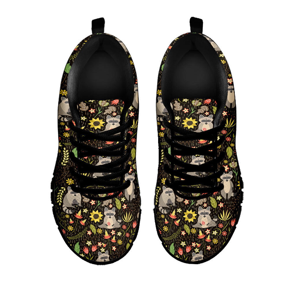 Raccoon And Floral Pattern Print Black Sneakers