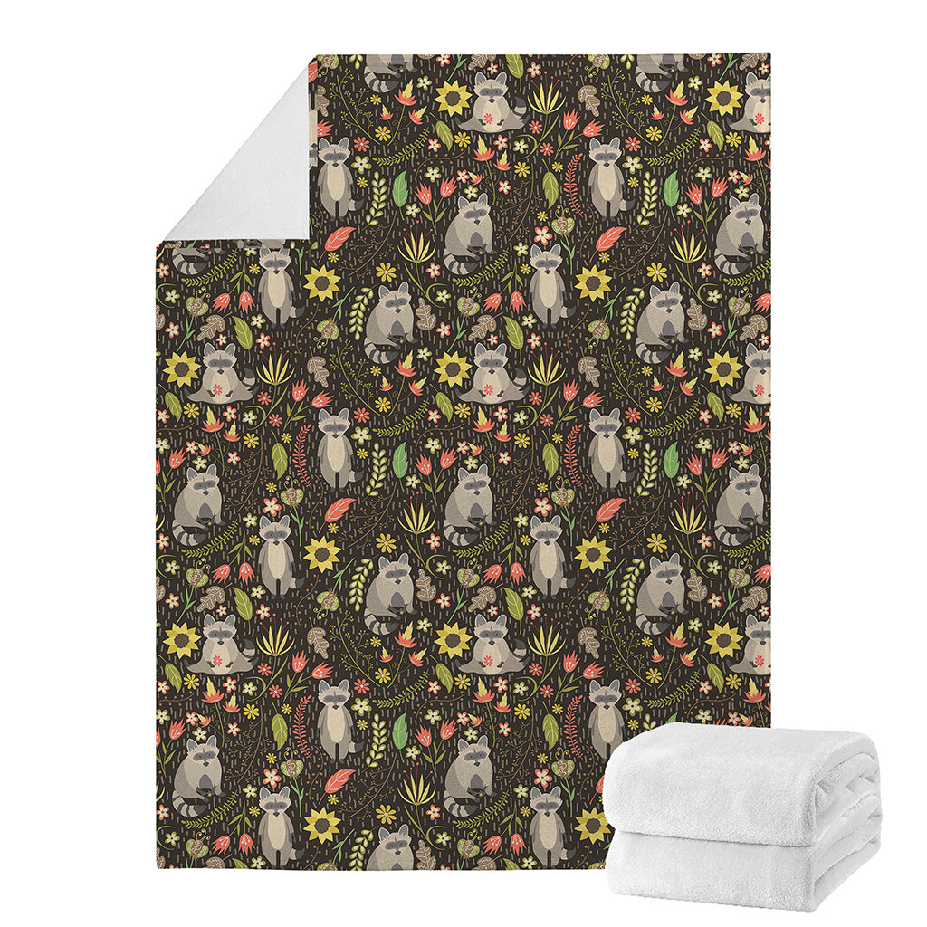 Raccoon And Floral Pattern Print Blanket