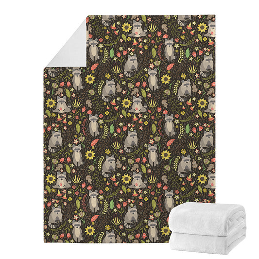 Raccoon And Floral Pattern Print Blanket