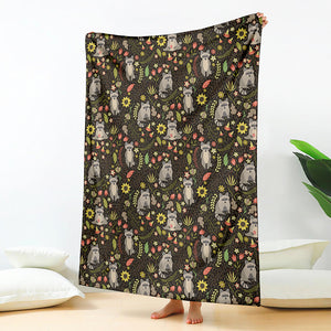 Raccoon And Floral Pattern Print Blanket