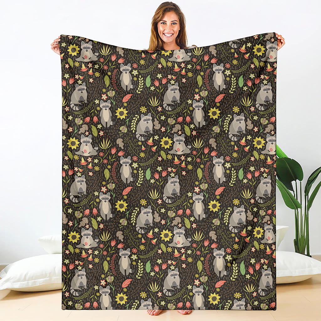 Raccoon And Floral Pattern Print Blanket