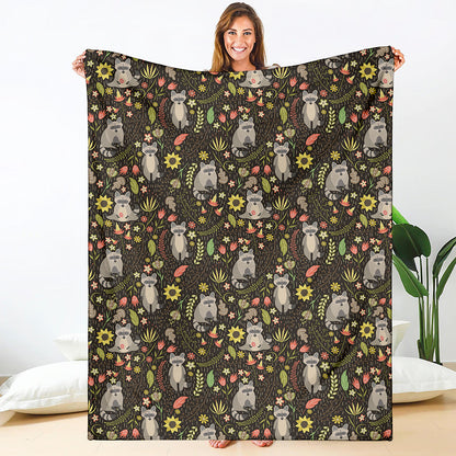Raccoon And Floral Pattern Print Blanket