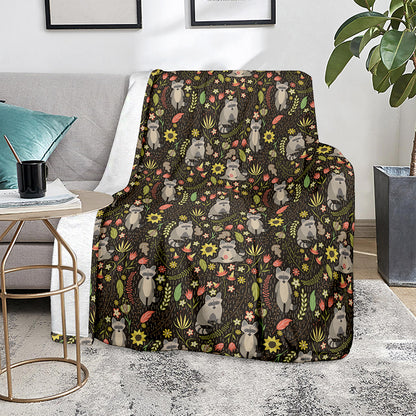 Raccoon And Floral Pattern Print Blanket