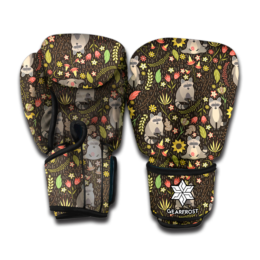Raccoon And Floral Pattern Print Boxing Gloves