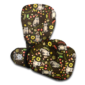 Raccoon And Floral Pattern Print Boxing Gloves