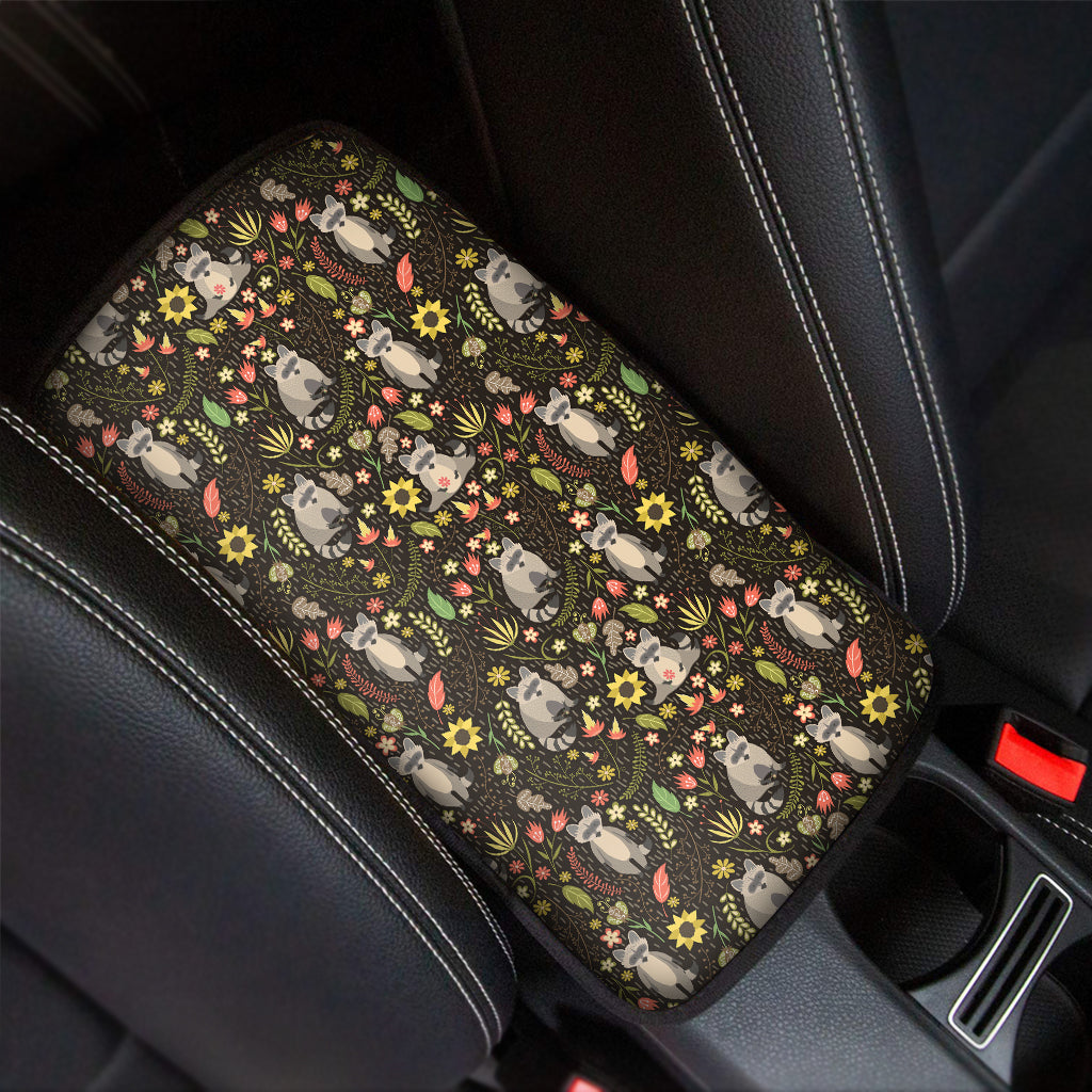 Raccoon And Floral Pattern Print Car Center Console Cover