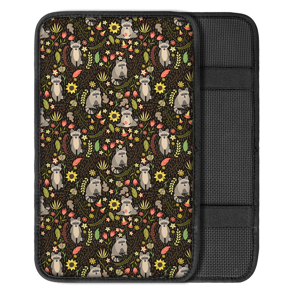 Raccoon And Floral Pattern Print Car Center Console Cover