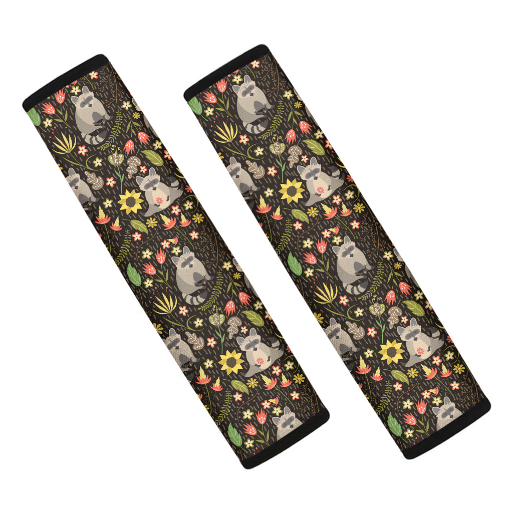 Raccoon And Floral Pattern Print Car Seat Belt Covers