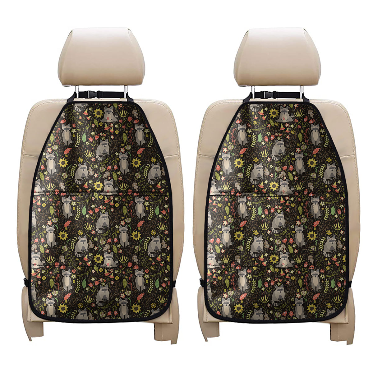 Raccoon And Floral Pattern Print Car Seat Organizers