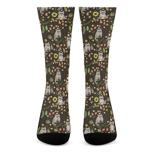 Raccoon And Floral Pattern Print Crew Socks