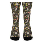 Raccoon And Floral Pattern Print Crew Socks