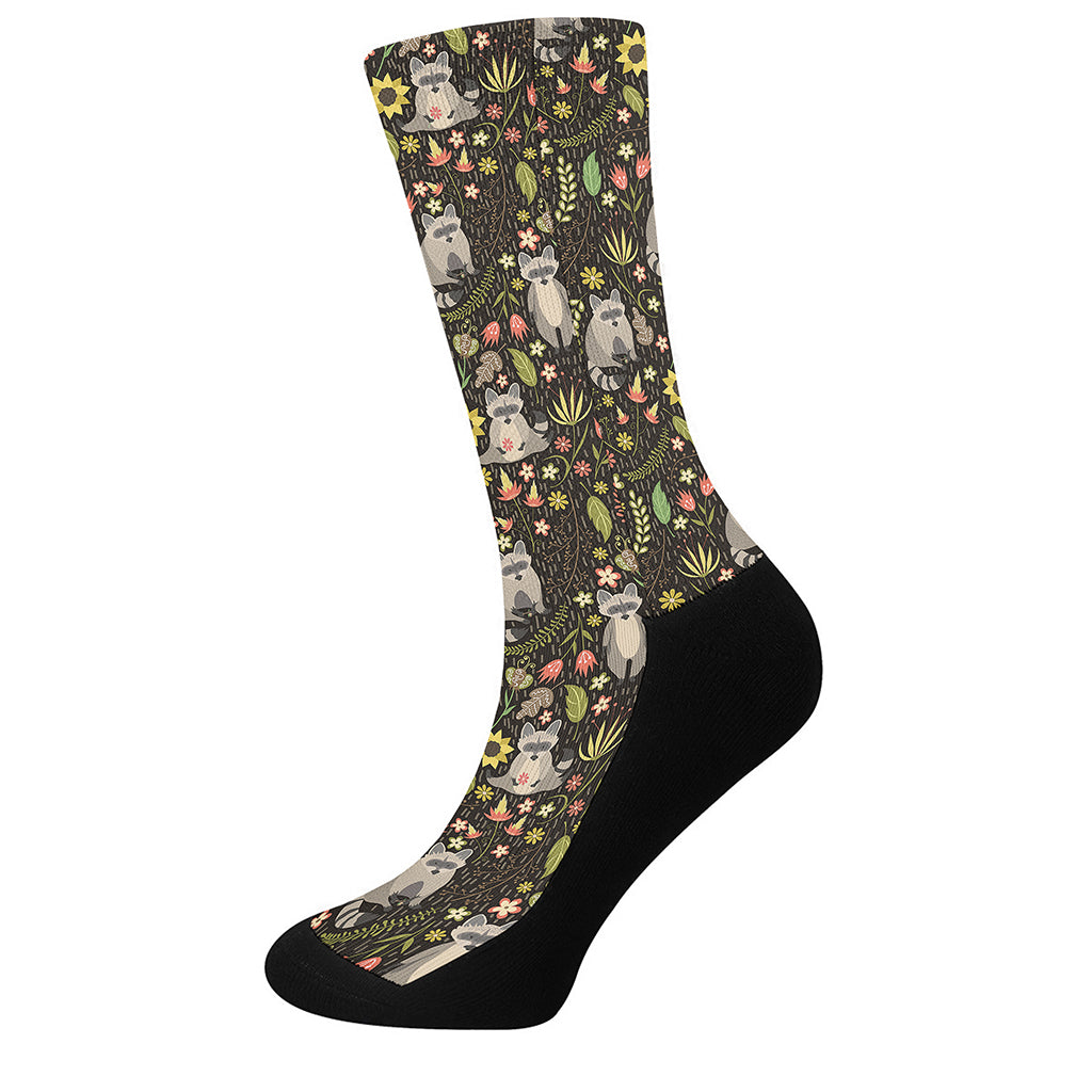 Raccoon And Floral Pattern Print Crew Socks