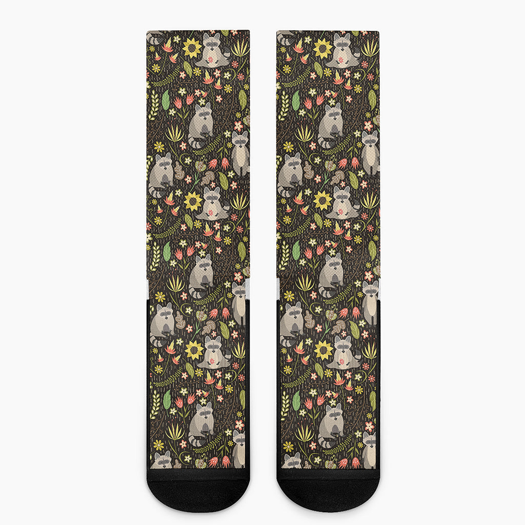 Raccoon And Floral Pattern Print Crew Socks