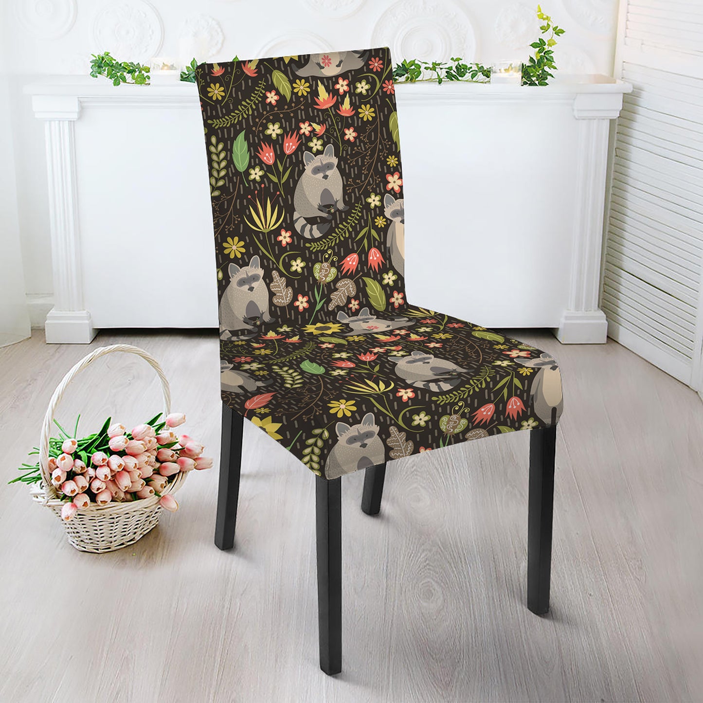 Raccoon And Floral Pattern Print Dining Chair Slipcover