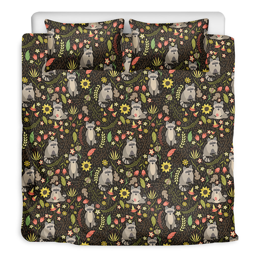 Raccoon And Floral Pattern Print Duvet Cover Bedding Set