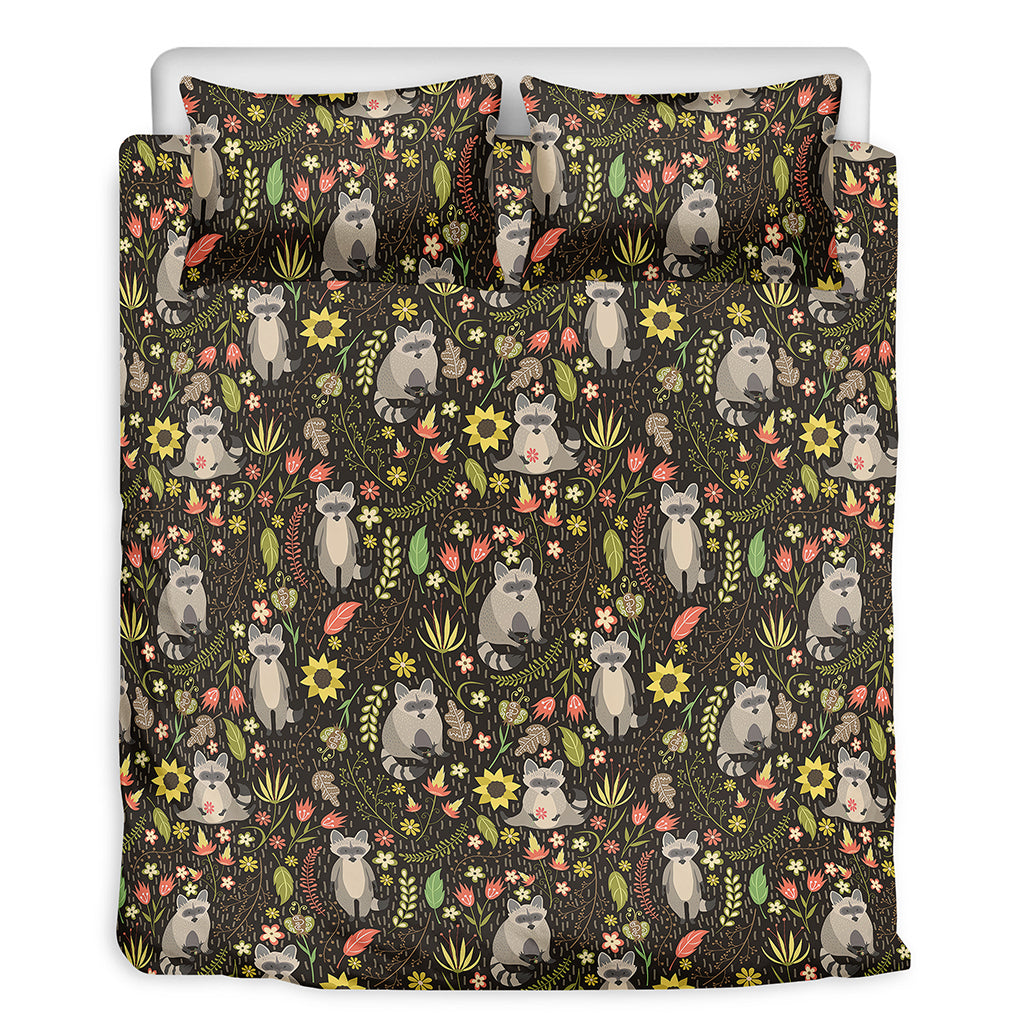 Raccoon And Floral Pattern Print Duvet Cover Bedding Set