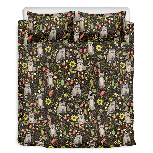 Raccoon And Floral Pattern Print Duvet Cover Bedding Set
