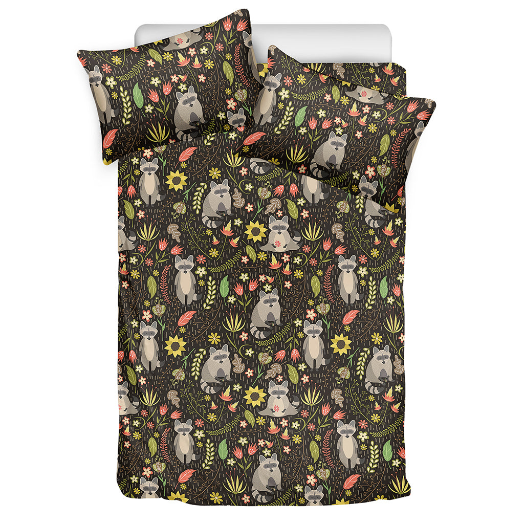 Raccoon And Floral Pattern Print Duvet Cover Bedding Set