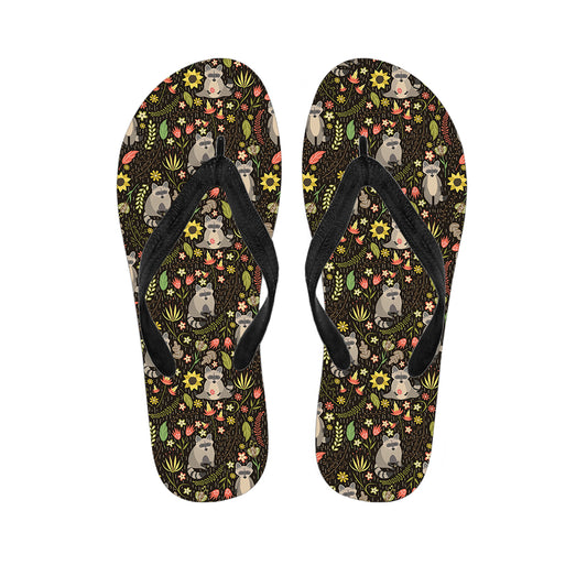 Raccoon And Floral Pattern Print Flip Flops