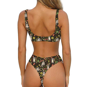 Raccoon And Floral Pattern Print Front Bow Tie Bikini