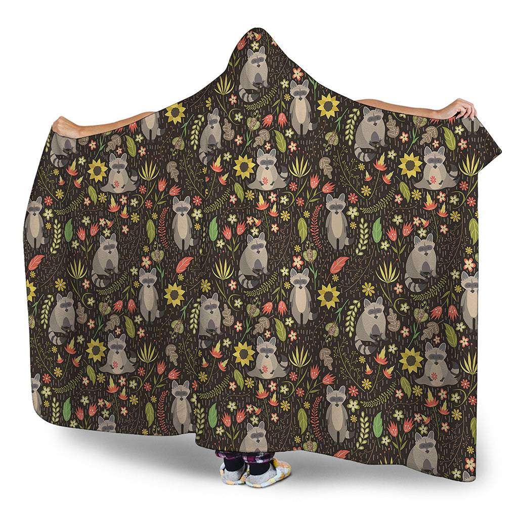 Raccoon And Floral Pattern Print Hooded Blanket