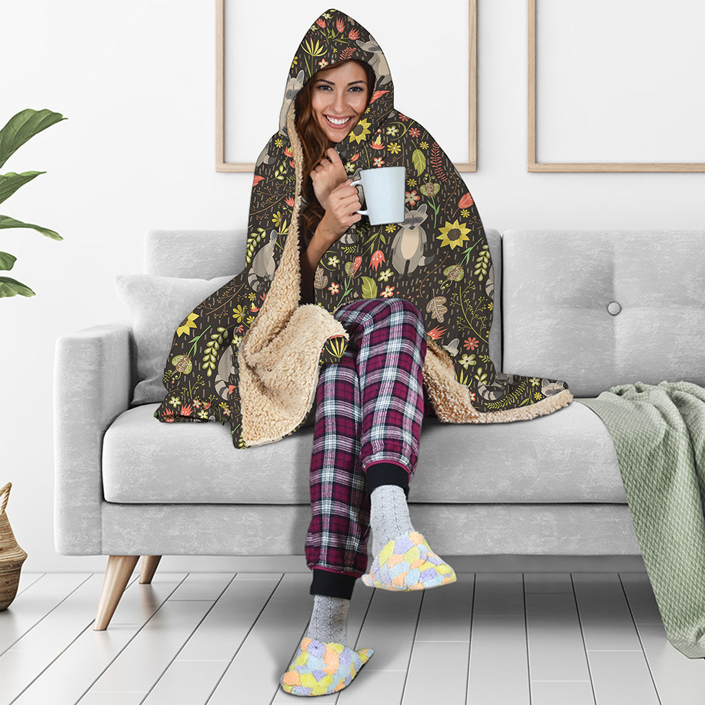 Raccoon And Floral Pattern Print Hooded Blanket