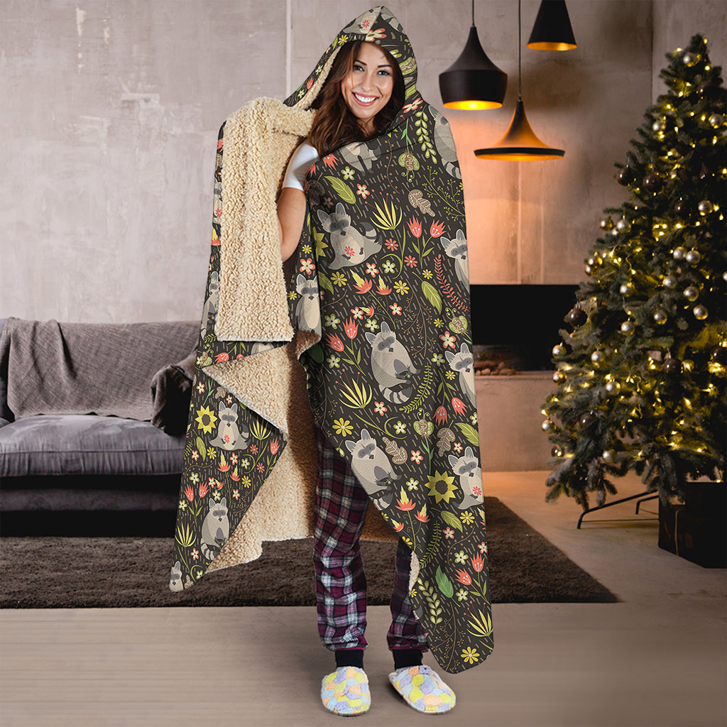 Raccoon And Floral Pattern Print Hooded Blanket