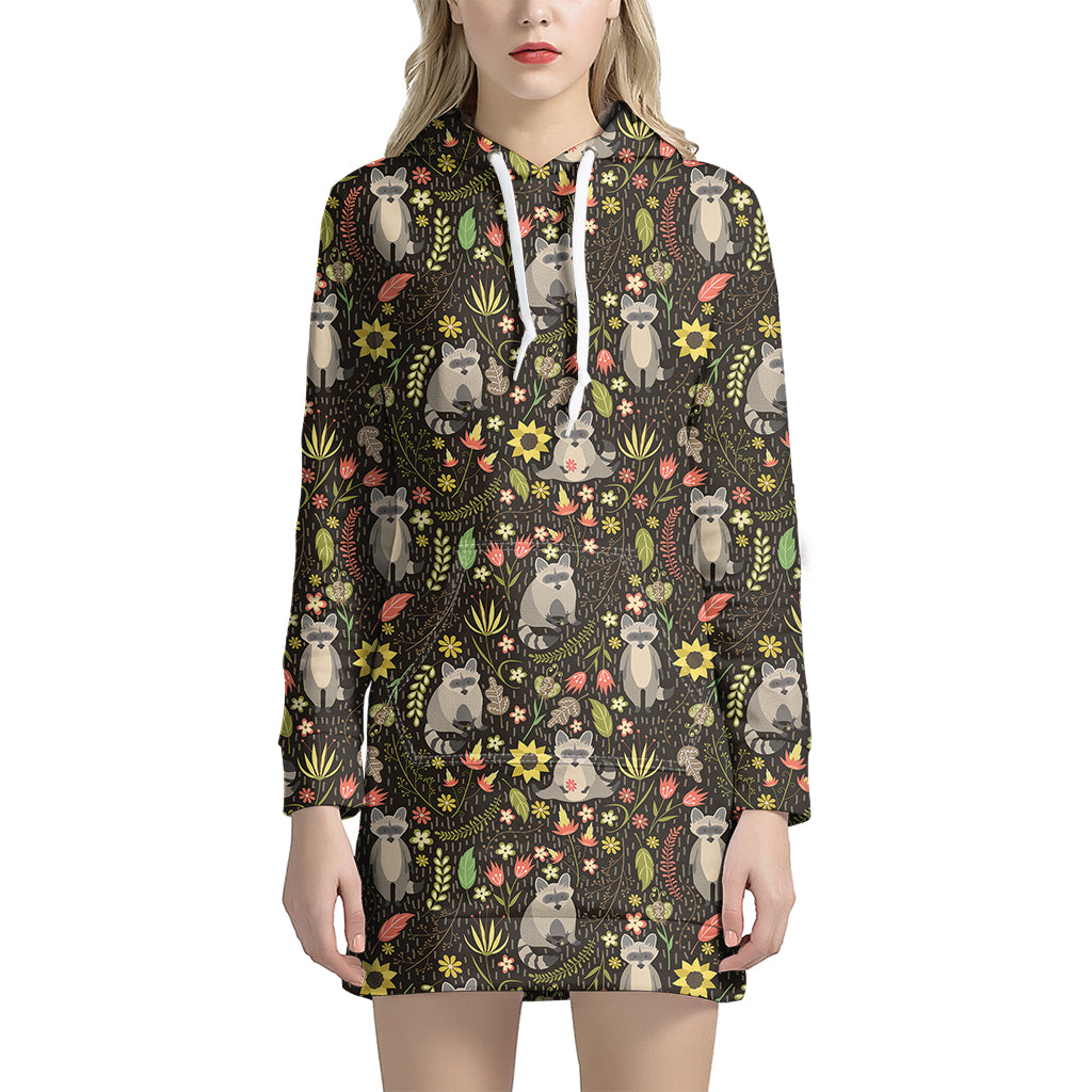 Raccoon And Floral Pattern Print Hoodie Dress