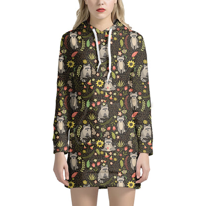 Raccoon And Floral Pattern Print Hoodie Dress