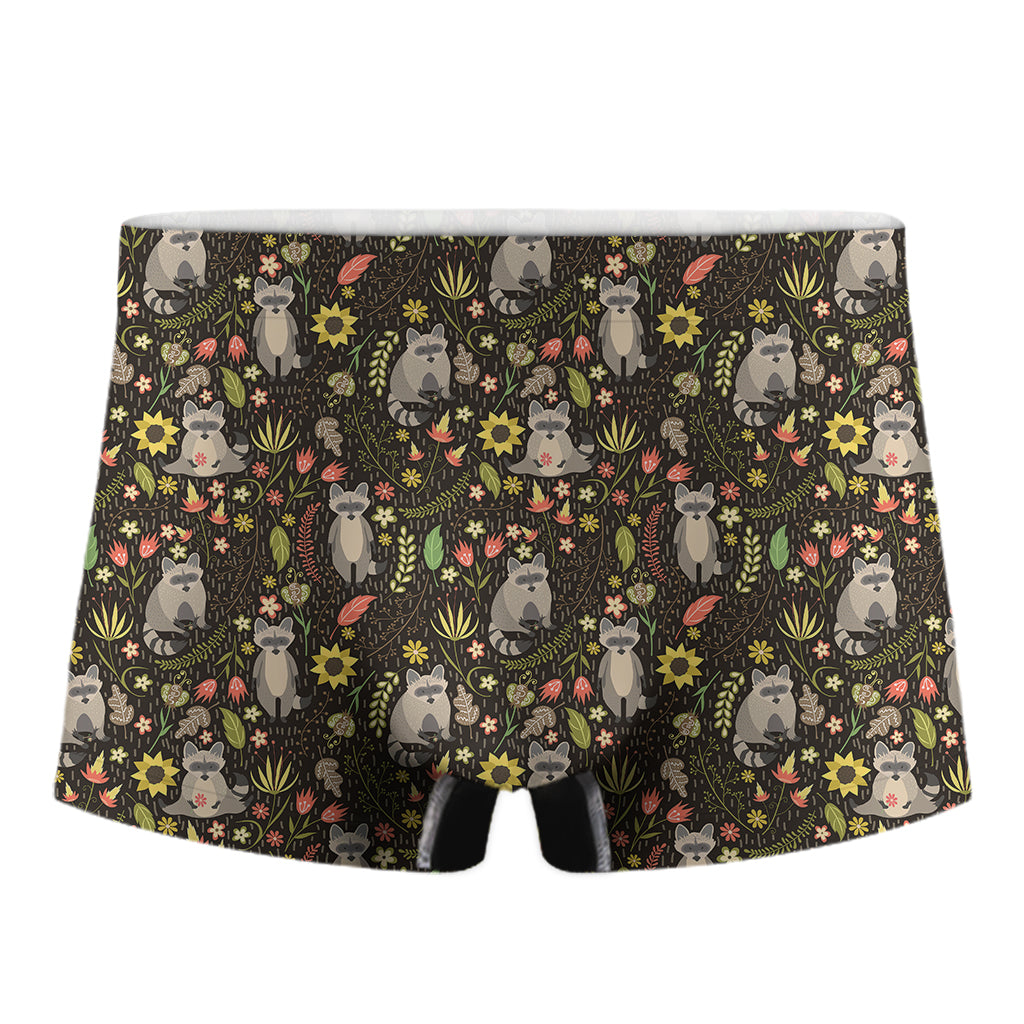 Raccoon And Floral Pattern Print Men's Boxer Briefs