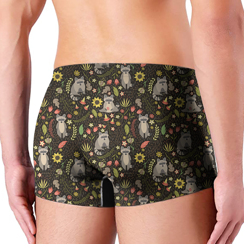 Raccoon And Floral Pattern Print Men's Boxer Briefs