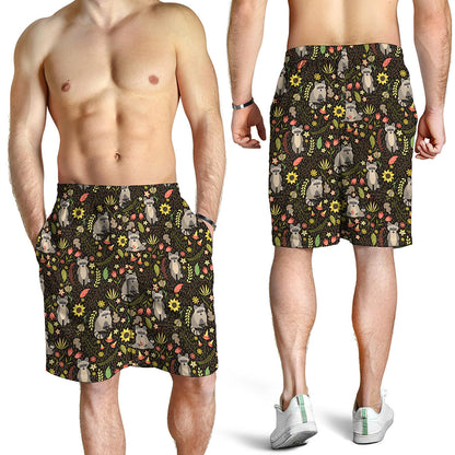 Raccoon And Floral Pattern Print Men's Shorts