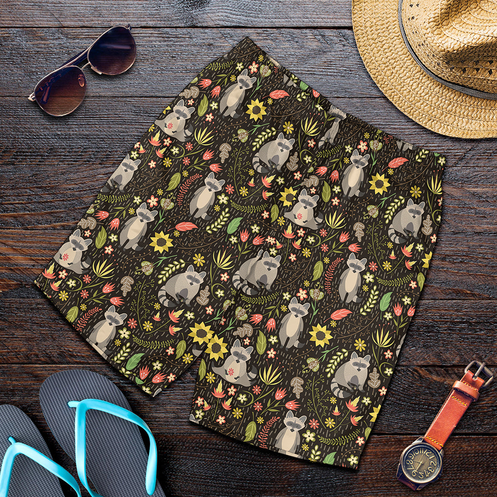 Raccoon And Floral Pattern Print Men's Shorts