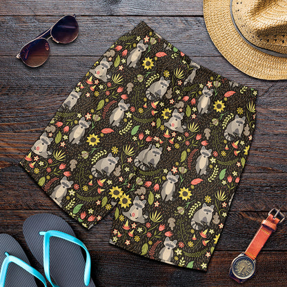 Raccoon And Floral Pattern Print Men's Shorts