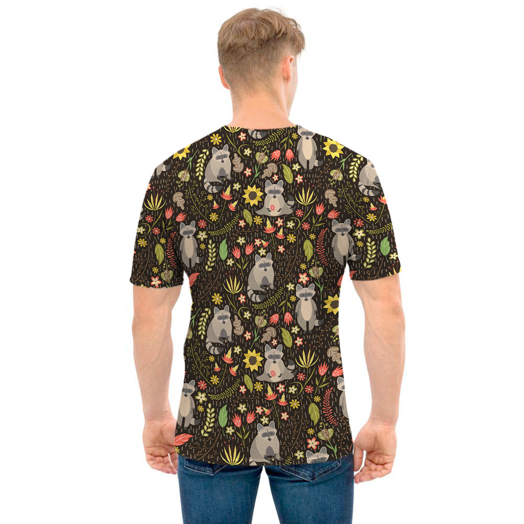Raccoon And Floral Pattern Print Men's T-Shirt