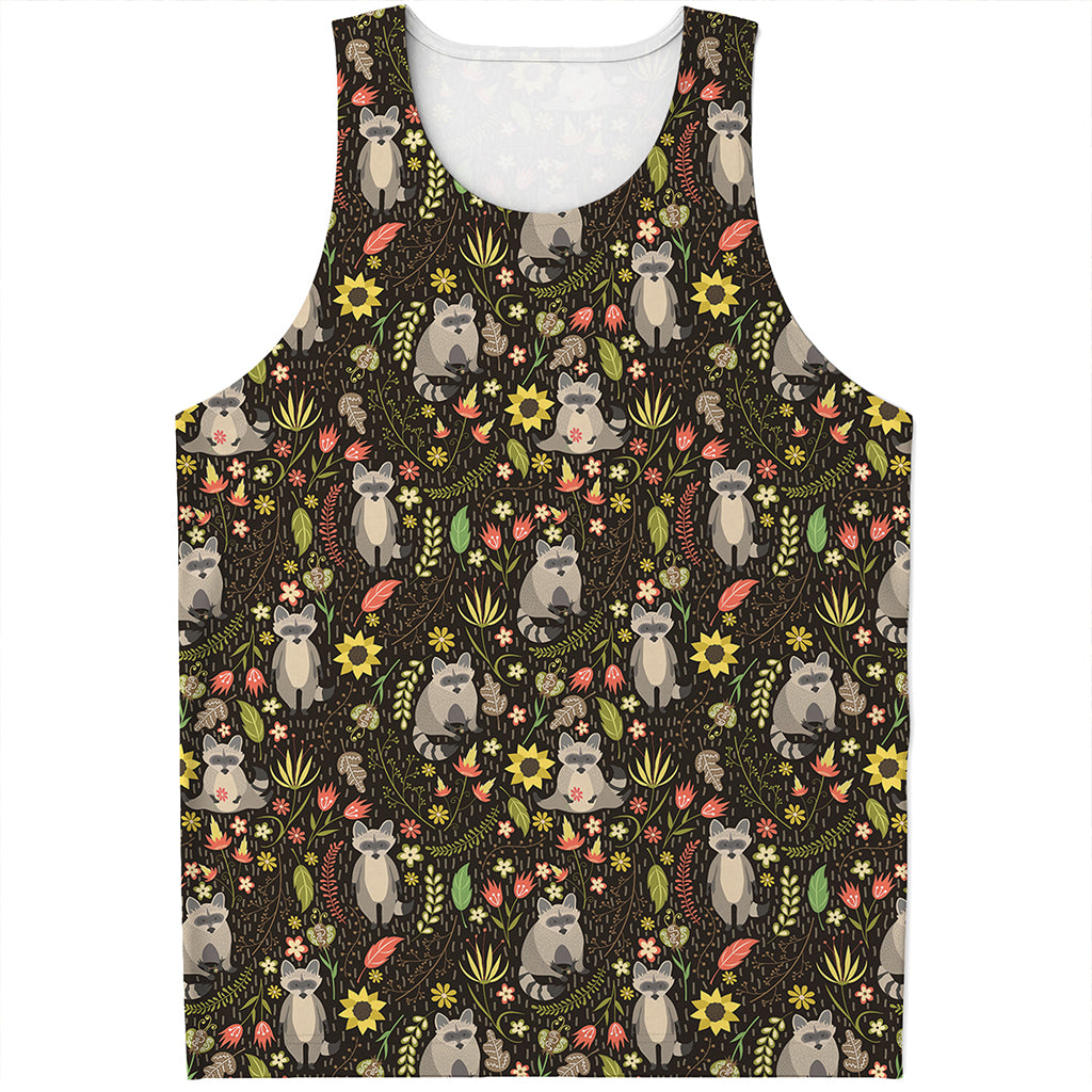 Raccoon And Floral Pattern Print Men's Tank Top