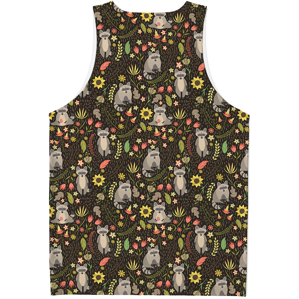 Raccoon And Floral Pattern Print Men's Tank Top