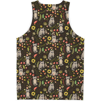 Raccoon And Floral Pattern Print Men's Tank Top