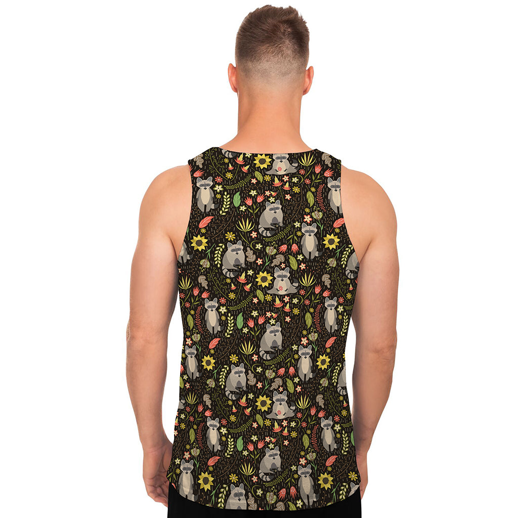 Raccoon And Floral Pattern Print Men's Tank Top
