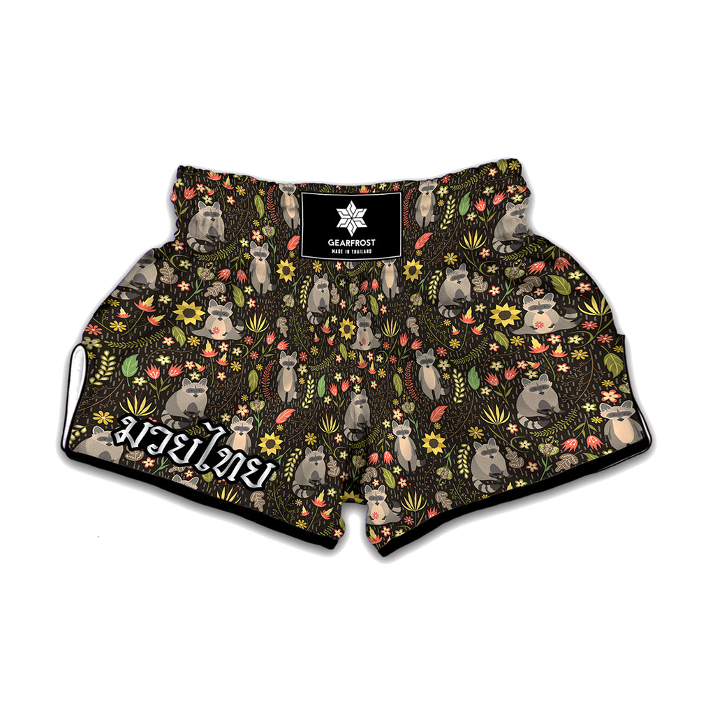 Raccoon And Floral Pattern Print Muay Thai Boxing Shorts