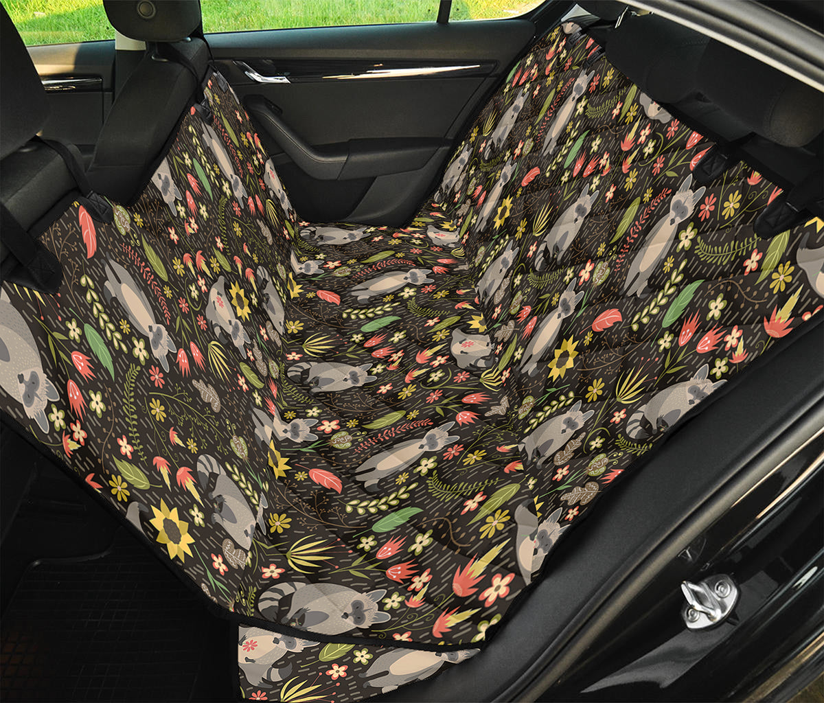 Raccoon And Floral Pattern Print Pet Car Back Seat Cover