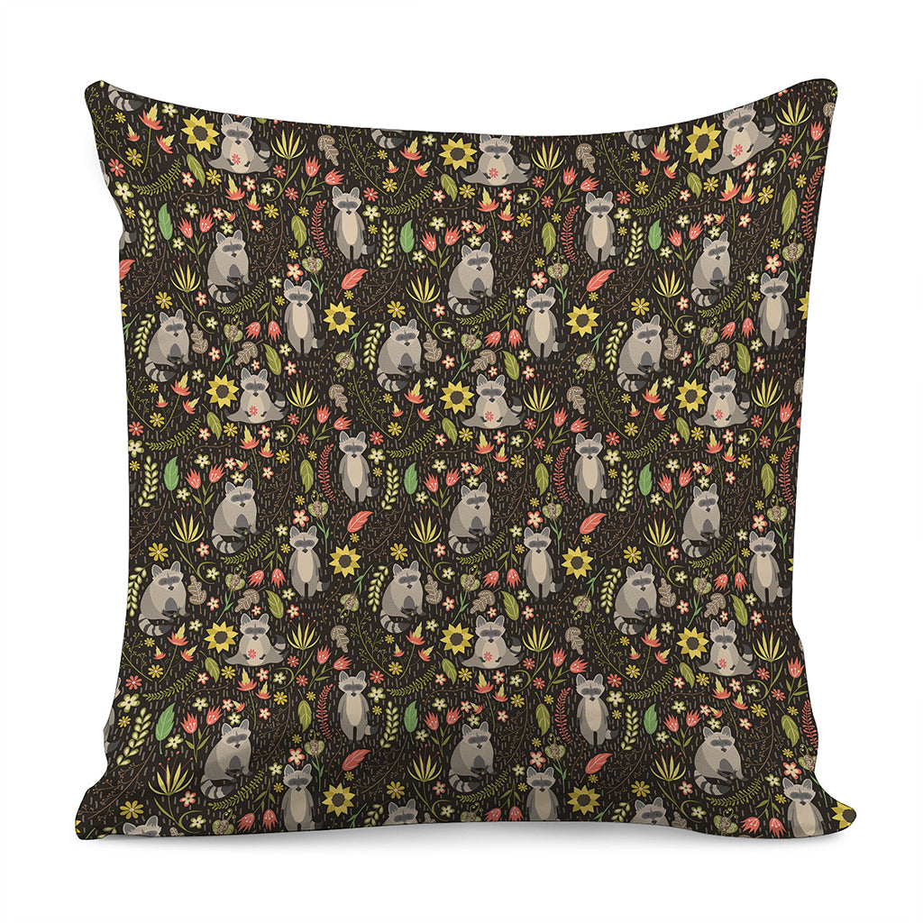 Raccoon And Floral Pattern Print Pillow Cover