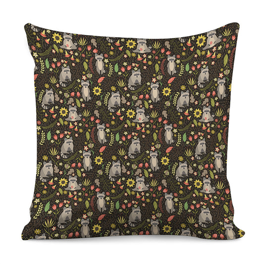 Raccoon And Floral Pattern Print Pillow Cover